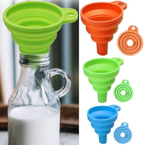 3 Pcs Collapsible Funnel, Silicone Kitchen Funnel Rainbow Colors Small Funnels for Filling Bottles Containers Foldable Funnel for Water Bottle Oil Liquid Transfer (Blue + Green + Orange)