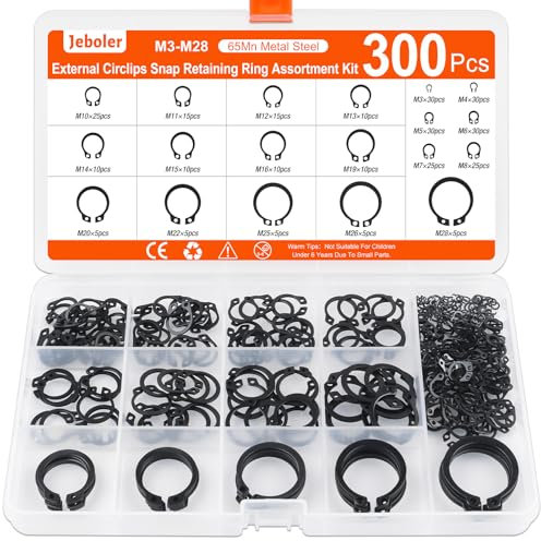 Jeboler 300 Sicherungsring Set, Ø 3-28 mm E-Clips Sprengring Seegering Sortiment, Externes C-Clips Sicherungsscheiben Innen Spannring Klemmring Geteilte Schnallen Unterlegscheiben für Wellen
