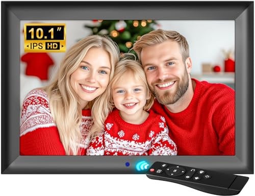 OBVHNUA Cornice Digitale 10,1 Pollici Fotocornice Digitale con Telecomando, Senza WiFi Senza Touchscreen Rotazione Automatica Supporto USB/SD, Foto Musica Video Calendario Famiglia