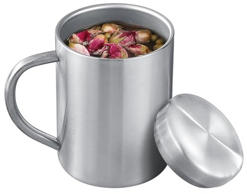 Tazas y tazas de acero inoxidable, tazas de metal de 500 ml, 400 ml, 300 ml, 200 ml, taza de café y té aislada con tapa y asa para camping y uso diario, doble pared a prueba de fugas (plata-1, 500 ml)
