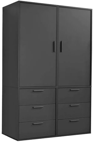 mokebo Kleiderschrank (120x187 cm) aus Holz 2-türig & 6 Schubladen 'Der Grenzenlose' modularer & kombinierbarer Schlafzimmerschrank, Garderobenschrank, Flurschrank, Drehtürenschrank in Schwarz