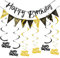 ALEGRE Glitzer Happy Birthday Girlande Spiralen Set, Girlande Geburtstag+Geburtstagsgirlande Wimpelkette+Luftschlangen Geburtstage,Happy Birthday Deko Schwarz Gold,Banner Geburtstag Wirbel Decorations