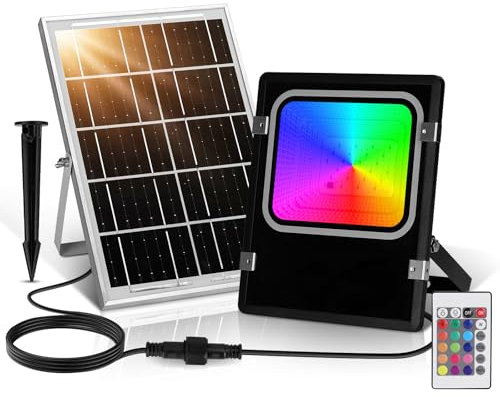 Aigostar - 50W Foco Solar Exterior RGB con Mando a Distancia, 4000mAH Batería de Gran Capacidad y Gran Panel Solar. Impermeable IP66, Cable de 5M. Proyector LED para Interior y Jardín, Patio, Camino