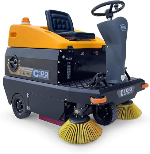 Minvy C100 Ride-on Industrial Floor Sweeper Machine, 24 Gal Dustbin, 65000 Sqft/h Efficiency Shop Floor Sweeper