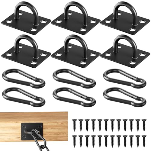 YAOSHENGUP 6 PCS Black Eye Plate Cold-rolled Steel Pad Eye Plate Heavy Duty | Pad Eye Plate Suspension Ceiling Hook,with 6 Carabiners & 24 Screws,for Hanging Basket Planters,Roof Beam,Ceiling Fan