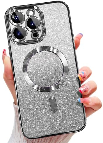Misscase for iPhone 16 Pro Magnetic Glitter Case, Comes with Camera Lens Protector, Gradient Sparkle Full Protection Phone Bumper Cover for Women Girls, Anti-Scratch Dust-Proof-Silver