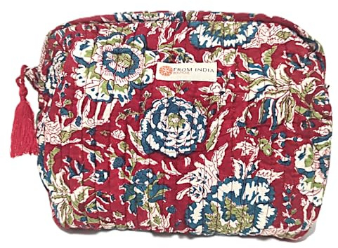 Trousse de Toilette, Maquillage Indienne en Block Print 100% Coton Small 18x14x10 cm, Rouge