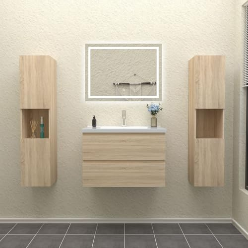 Conjunto de Mueble de baño, AICA Armario,1 Mueble con Lavabo, 1 Espejo con led y 2 Columna Alta,Mueble Roble