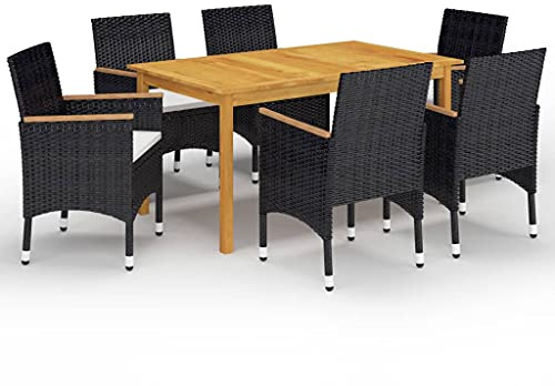 Mandloder 7-TLG. Garten-Essgruppe Schwarz, Akazienholz Tisch, PE-Rattan Stühle, Cremeweiße Kissen, für Terrasse, Balkon, Essbereich im Freien, Langlebig