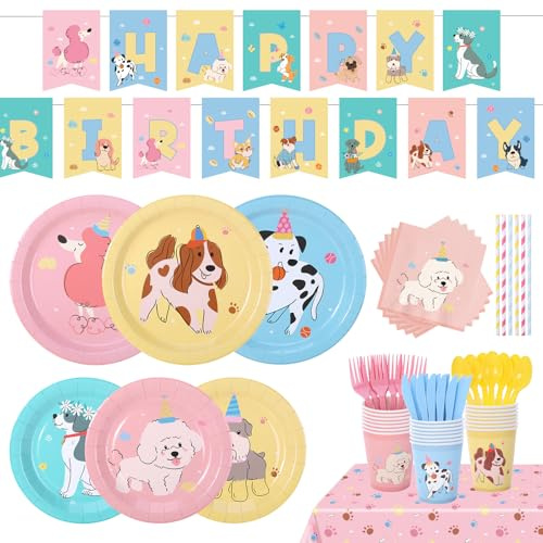 Pet Dog Birthday Party Supplies, 194Pcs Retro Puppy Themed Tableware Set, Vintage Puppy Face Paper Plates and Napkins, Disposable Dinnerware for Kids Birthday Baby Shower