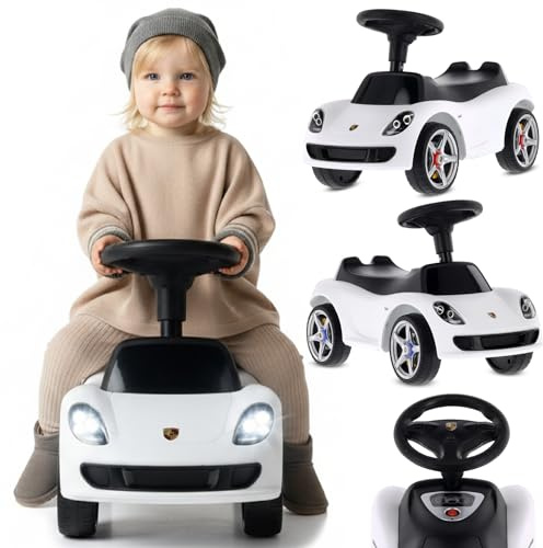 sun baby Rutschauto ab 18 Monaten – Porsche Carrera GT – Lenkrad mit Knöpfen, Scheinwerfer, realistische Aufkleber, bis 30 kg, Weiß