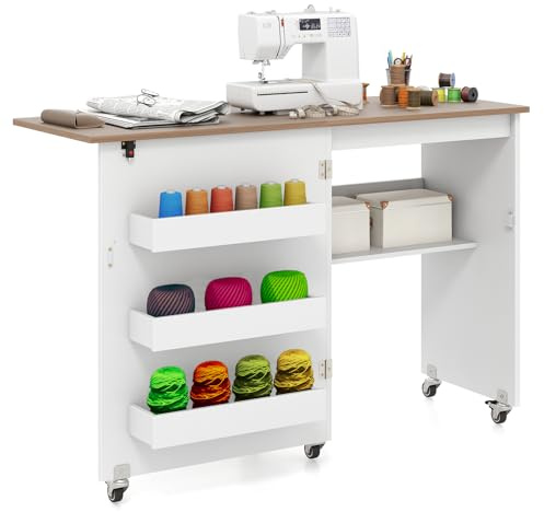 COSTWAY 2 en 1 Mesa Maquina de Coser Plegable, 116x40.5x78cm, Mueble Maquina Coser con 3 Compartimientos Ocultos y Estante, Escritorio Móvil con 5 Ruedas Bloqueables, Ahorro de Espacio (Blanco+Marrón)