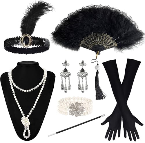 Vervora 7-tlg 20er Jahre Flapper Zubehör Damen Charleston Accessoires Set