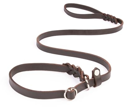 CopcoPet Retrieverleine mit Zugstopp für große Hunde – 1,20m x 18mm Moxonleine in Braun – Fettlederleine & Agilityleine aus Leder – stufenlos verstellbar, Handarbeit, verchromt, wetterfest