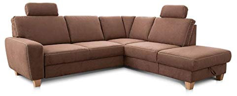 Cavadore Ecksofa Wisconsin mit Vorziehsitz / Eckcouch mit Federkern / Inkl. 2 Kopfstützen + Bettkasten / Landhausstil / Holzfüße in Buche / Mikrofaser / Größe: 248 x 88 x 218 cm (BxHxT) / Farbe: Braun