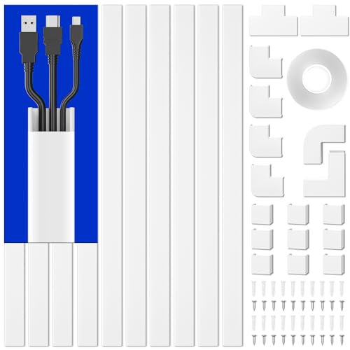 Delamu Electric Cable Trunking, 4M Cable Cover Wire Hiders for Wall, Self Adhesive Wire Trunking, Cable Management to Hide 2-3 Power Cords in Home Office, 10X L400mm, W24mm, H14mm, White