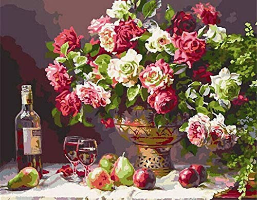 Stoffdekorationssets, ABEUTY Malen nach Zahlen, rote Blumen und Bier, 40,6 x 50,8 cm, Zahlenmalerei, Wandkunst