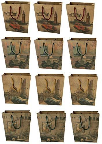HRB Geschenktüte, 12 Stück Vintage Groß 33x25x9 cm mit Auto Motiven