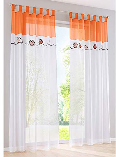 SIMPVALE 2er Set Gardinen mit Schlaufen Bestickt Niedliche Eule Durchscheinend Voile Vorhänge für Schlafzimmer Wohnzimmer Balkon, 140x225cm, Orange