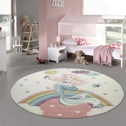 Kinderteppich Meerjungfrau Kinderzimmer Teppich Prinzessin Pastell Größe 120 cm Rund