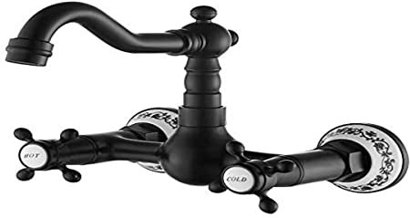 Robinet de cuisine Mur Robinet de lavabo vintage avec céramique en laiton avec eau froide et chaude mélangeur d'évier antique (Noir)