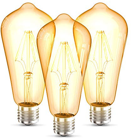 B.K.Licht - 3er Set LED Lampe E27 mit extra warmweißer Lichtfarbe, ST64 Form, 4 Watt, 380 Lumen, LED, LED Glühbirne, LED Leuchtmittel, LED Birne, Vintage, Retro, Edison, 14,3x6,4 cm, Bernsteinfarbig