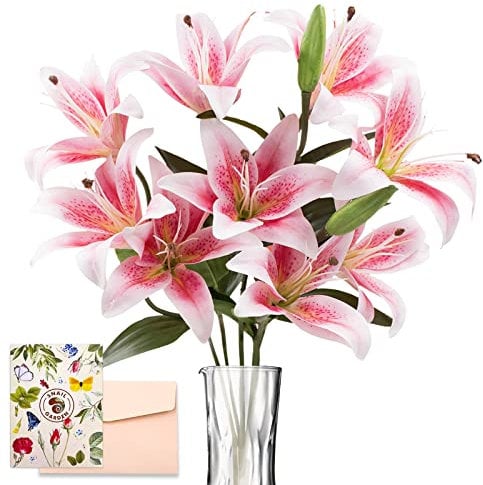 SNAIL GARDEN 12 Artifical Lily Flowers with 9 Heads Full Bloom Lily & 3 Buds, Long Stem Artificial Stargazer Lilies, Faux Tiger Bouquets for Home Hotel Flower Arrangement Party Decor