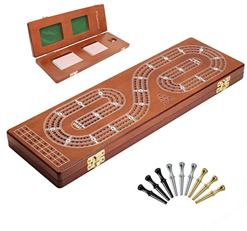 Plusvivo Solid Oak Wood Cribbage Board Set - 3 Tracks, 9 Metal Pegs & 2 Storage Areas - 15.5 X 4.9 X 1.2 in Travel Portable Game Set for Family