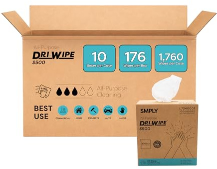 Dri-Wipe S500 by SMPLY Brands – All-Purpose Disposable Wipes, 10 Boxes of 176 (1,760 Total Wipes), Strong Alternative to Shop Towels & Paper Towels, 8 x 12 Center-Pull Sheets