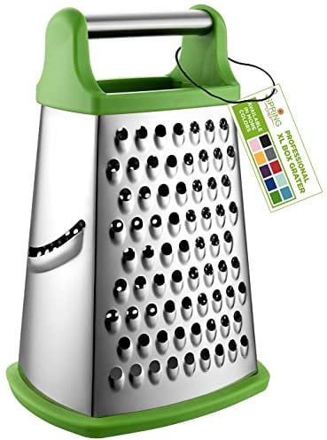 Spring Chef Green Professional Stainless Steel XL Parmesan Cheese Grater with Handle - 4 Sided Box Grater for Kitchen - Dishwasher Safe Food Shredder for Carrot, Potato, Vegetables, Ginger, Hash Brown
