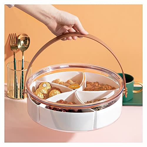 XKXKKE Plateau de service transparent divisé avec couvercle et poignée, plateau rond portable en plastique pour bonbons, apéritifs, collations, fruits secs, noix, légumes, fête