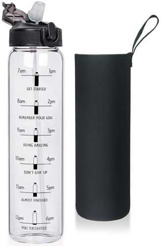 Reeho 1 litre Bouteille d'eau en Verre avec Paille et Marqueurs de Temps, 1L Gourde Verre Réutilisable avec Housse en Néoprène