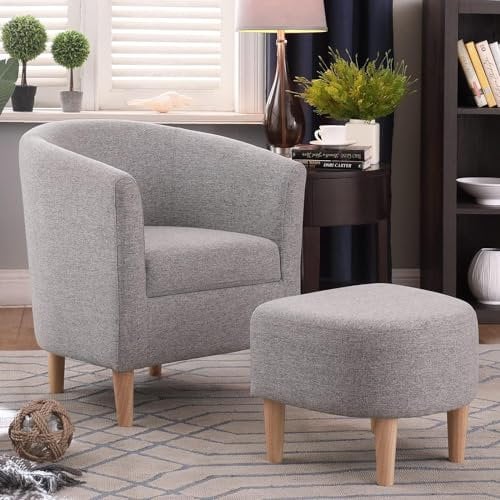 LEUTED Ohrensessel mit Hocker, Wohnzimmer Sessel Grau, Fernsehsessel Relaxsessel, gepolsterter Leinenstoff Akzentstuhl Schlafzimmer Loungesessel für entspannte, Lange Fernseh- und Leseabende