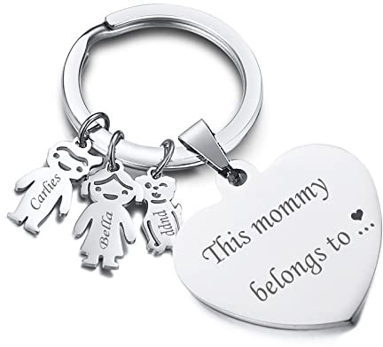 FLHEART Personalisierte Familie Schlüsselanhänger : Edelstahl benutzerdefinierte Familienname von Kindern,Junge/Mädchen/Haustier Anhänger Schlüsselbund, Mama Geschenk,2 Charme