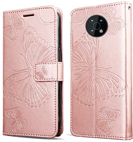 DENDICO Coque pour Nokia G50, Papillon Imprimé Housse en Cuir PU Magnétique Portefeuille, Étui à Rabat pour Nokia G50, Or Rose