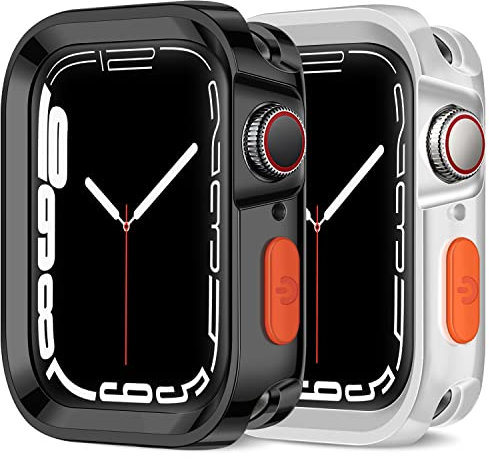 Amizee 2 Stück Rugged Hülle Kompatibel mit Apple Watch Series 9/8 / Series 7 45mm Series 6 / SE/Serie 5 / Series 4 44mm, Weiche TPU Plating Stoßfest Stoßstange Schutzhülle für iWatch (Schwarz/Klar)