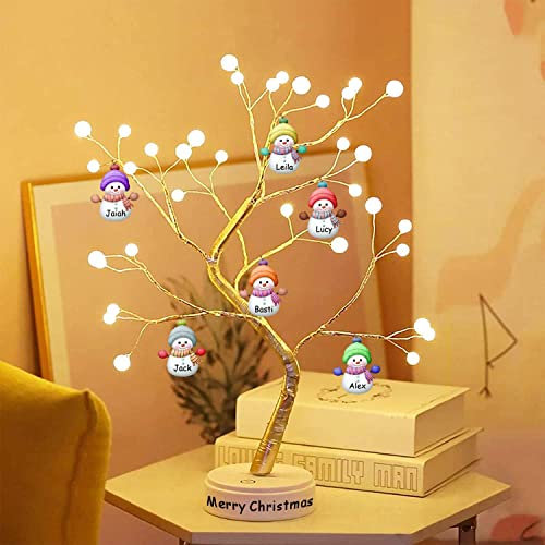 Personalized Snowman Family LED Firefly Tree Light Christmas Tree Lamp Tabletop Decoration Fairy Light Tree USB/Battery-Powered Touch Switch Artificial Bonsai Tree for Christmas Decor