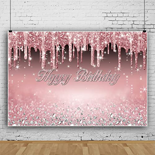 Bovlleetd 220x150cm Rose Gold Happy Birthday Banner Funkelnder rosa Hintergrund Glänzende Diamant Stern Hintergrund für Baby Taufe Baby Mädchen Geburtstag Party Dekoration