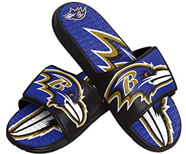 FOCO Baltimore Ravens NFL Colorblock Big Logo Gel Slide Black Purple Badelatschen Hausschuhe - M