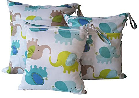 Yurosiay 3 Stück Windeltasche Wetbag Baby Cartoon Tier Bedruckte Nasstasche wasserdichte Wetbag Kinder Set Mit Reißverschluss Wiederverwendbar Wetbag Organiser für Baby Reisen Unterwegs Elefant