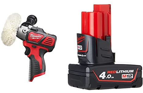 Milwaukee M12BPS-0 M12 Sub Compact Polisher/Sander (Naked - no Batteries or Charger), Brown|Black & M12B4 4.0Ah Lithium-Ion Battery - Red