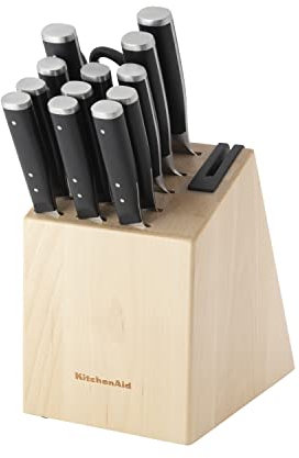 KitchenAid Gourmet Geschmiedetes Dreifach-Nietenmesserblock-Set mit integriertem Messerschärfer, High Carbon Japanischer Edelstahl Küchenmesser, Scharfes Küchenmesser-Set mit Block, Birkenholz,