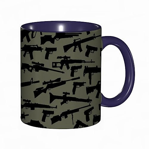 DHAEY Green Ceramic or Porcelain Coffee Mug, 14 ounces, Army Green, Funny Weapon Machine Guns Army Pistol Rifle Military Submachine Gun, Mug Cup Gift Birthday Work Office Christmas Tea Coffee