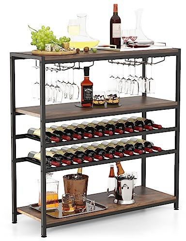 COSTWAY Mobile Portabottiglie a 5 Livelli, Portabottiglie per Vino da Terra con 2 Ripiani Porta Vini, 4 Porta Calici Piano Spazioso e Ripiani Aperti, per Cantine, Sala da pranzo, Cucina
