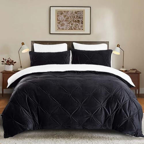 Winter Bettwäsche 135x200cm Flanell Fleece Schwarz Weiß Wendebettwäsche Set Flauschig Plüsch Sherpa Cashmere Touch Pintuck Bettbezug und Kissenbezug 80x80cm mit Reißverschluss,Oeko-Tex Zertifiziert