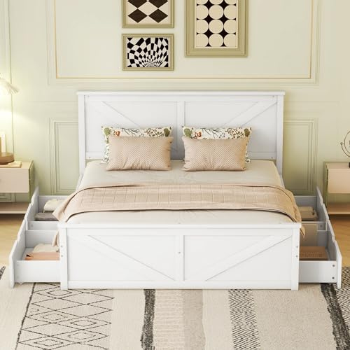 KecDuey Doppelbett 160x200cm,Holzbett, Einfaches Holzpritschenbett mit Vier Schubladen,Stabiler Bettrahmen, Kopfteil, Ideale Aufbewahrungslösung (Weiß)