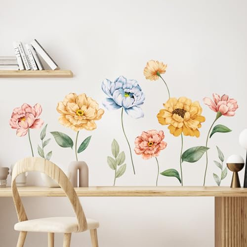 Tanlaby Aquarell Blume Wandsticker Bunte Pfingstrose Wandtattoo Garten Blume Wandaufkleber Selbstklebend Abnehmbare Wand Kunst Aufkleber für Wohnzimmer Schlafzimmer TV Wand Hintergrund Wanddekoration