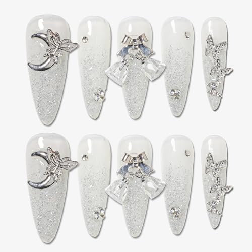 Sun&Beam Nails Handmade Press-on Long Pointed Nails Silver Black Butterfly Attached False Nail Tips Design Fashionable 10 Pcs Set (#156 M)