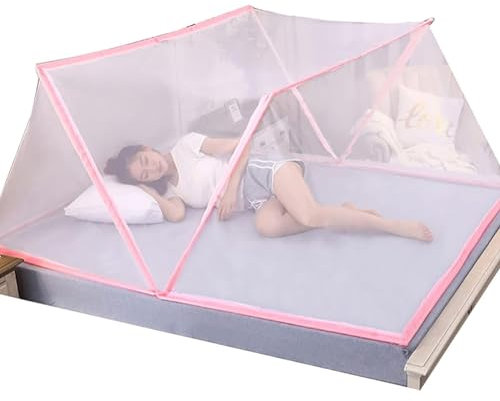KemNet Moskitonetz für Erwachsene, Klappbarer Moskitonetz-Betthimmel, Studentenwohnheim Sommer-Moskitonetz Tragbarer Betthimmel für Mädchen, Betthimmel für Einzelnes Kingsize-Bett, Pink