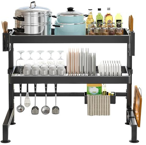 GHBSDNEPP Escurridor de platos negro para fregadero con soporte para utensilios, escurridor de encimera de cocina que ahorra espacio para platos, vasos y utensilios, elegante diseño negro, acero al